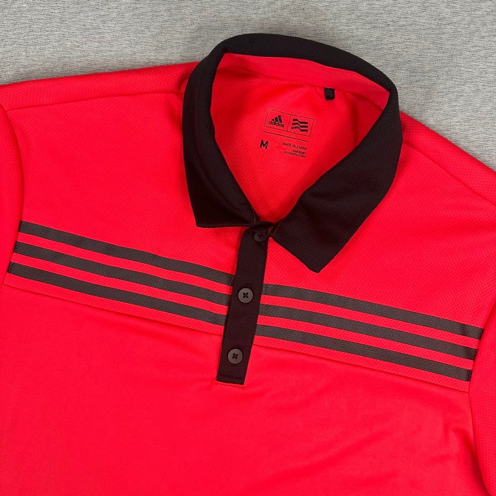 Adidas Golf Polo Shirt Mens Medium Red Black Striped Short Sleeve Quick Dry EUC